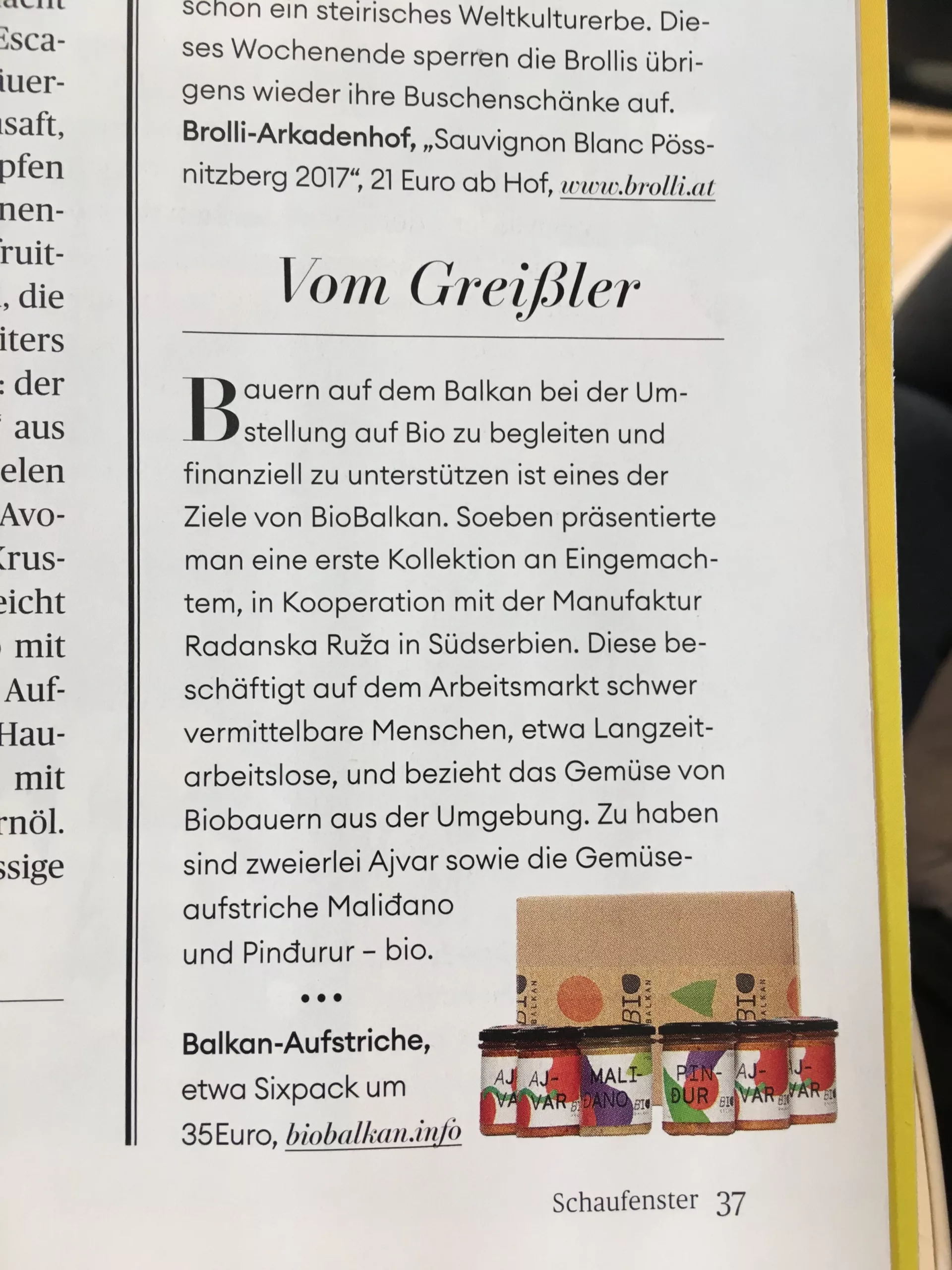 Zeitungsartikel über BioBalkan in der Presse-Beilage Schaufenster