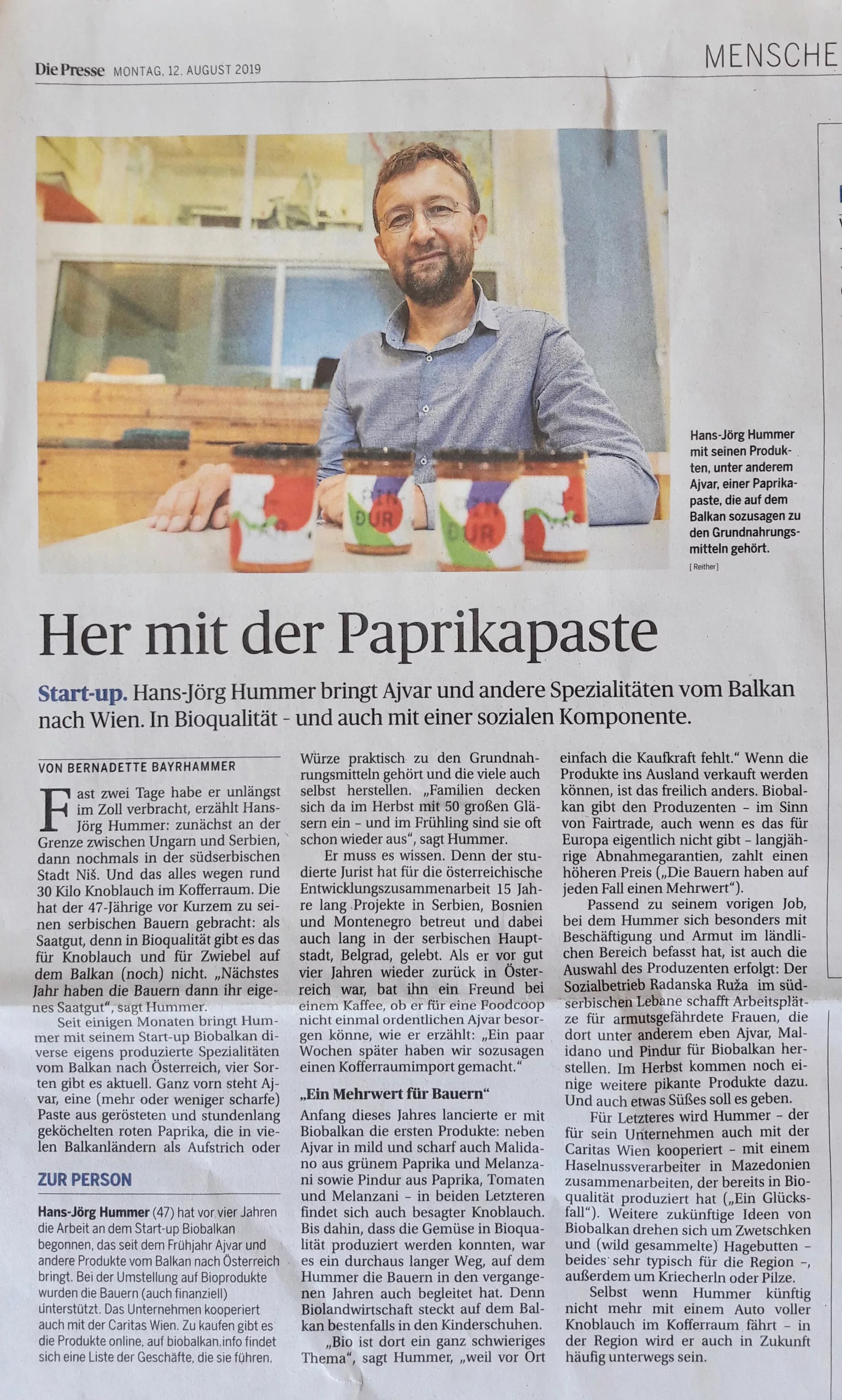 Zeitungsbericht über BioBalkan in der Tageszeitung "Die Presse"