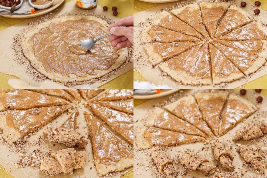 Der Teig für die Nusskipferl wird geschnitten