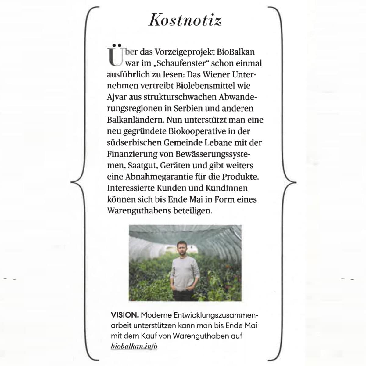 Die Presse, Schaufenster, Kostnotiz über BioBalkan